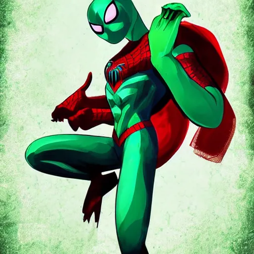 Image similar to splash art of a cool beautiful green and cyan spiderman in a stylish pose in the style of the league of legends splash art, digital art by Michelle Hoefener