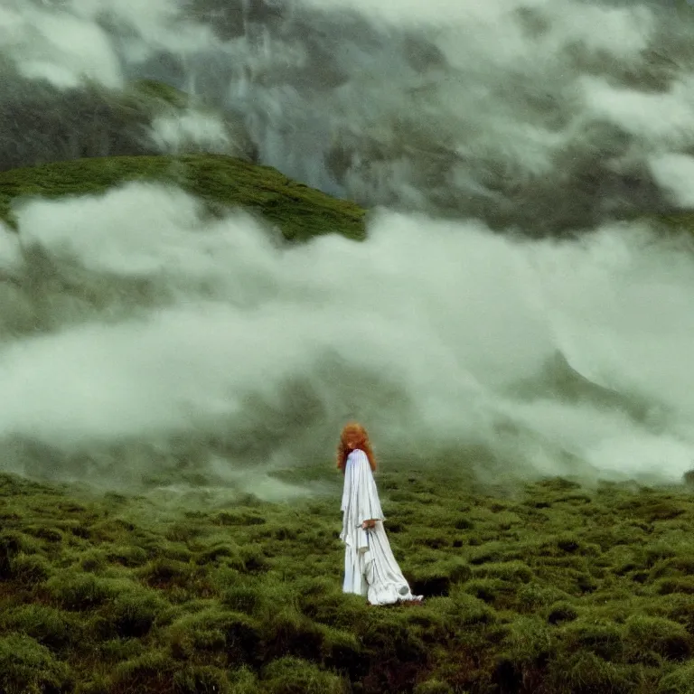 Image similar to moody 1 9 7 0's artistic technicolor spaghetti western film, a large huge group of women in a giant billowing wide long flowing waving shining bright white dresses made of white smoke, standing inside a green mossy irish rocky scenic landscape, volumetric lighting, backlit, moody, atmospheric, fog, extremely windy, soft focus