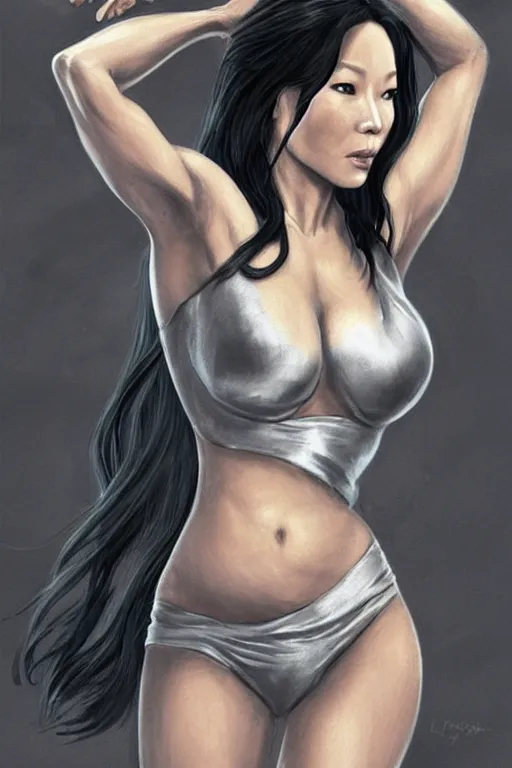 Prompt: silver hair, gray, gray hair, muscled, gray hair, Lucy Liu as a heroine in a black bikini with golden trim, long silver hair, curvy, intricate, elegant, highly detailed, centered, digital painting, artstation, concept art, smooth, sharp focus, illustration, art by artgerm and donato giancola and Joseph Christian Leyendecker, Ross Tran, WLOP
