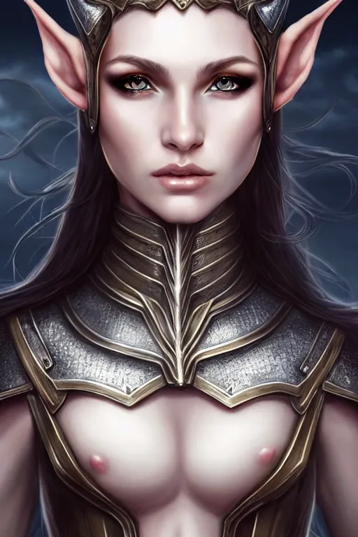 Image similar to head and shoulders portrait of an eldritch knight, elf, beautiful, female, breastplate, magical, high fantasy, d & d, by artgerm, face details, extremely detailed, vogue fashion photo