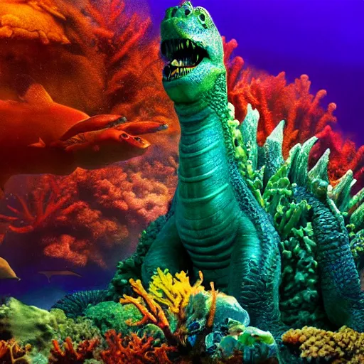 Prompt: a photo of a massive sea monster made of a colorful coral reef emerging from the ocean, epic vfx shot, waves, splashing water, cinematic lighting, godzilla, creature from the black lagoon