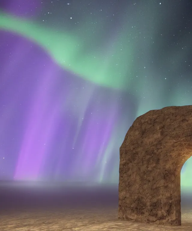 Prompt: stone archway, aurora borealis, portal, mysticism, photorealistic, fog