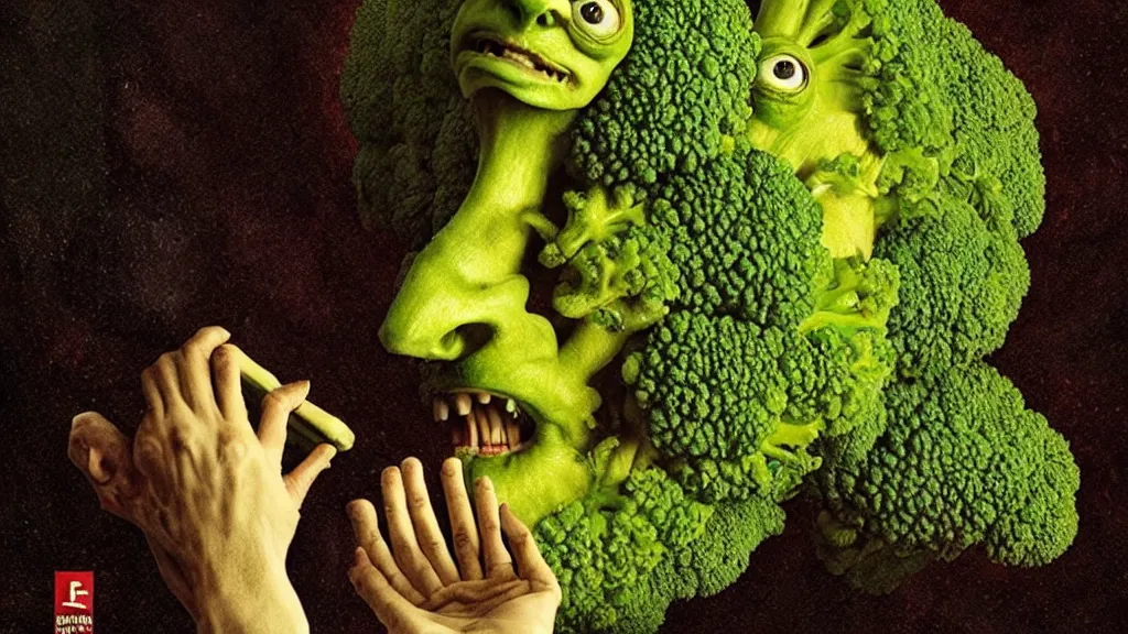 Image similar to the broccoli creature, film still from the movie directed by denis villeneuve and david cronenberg with art direction by salvador dali and karol bak, wide lens