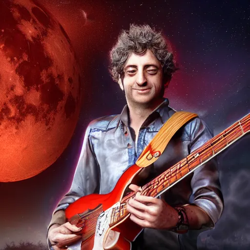 Image similar to gustavo cerati playing on the red moon, digital art, highly detailed, render unreal engine,