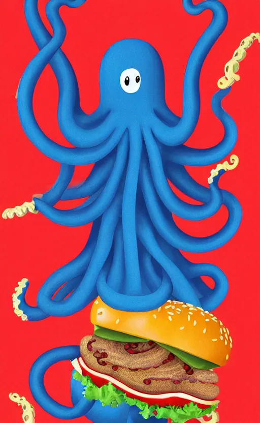 Image similar to highly detailed illustration of octopus holding burger, tentacles wrapped around hamburger, poster, symmetrical, 8 k, trending