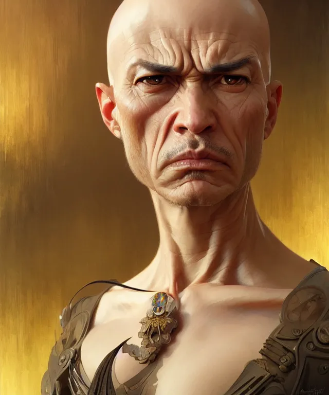 Prompt: a very angry bald general, portrait, intricate, elegant, highly detailed, digital painting, artstation, concept art, smooth, sharp focus, illustration, art by artgerm and greg rutkowski and alphonse mucha