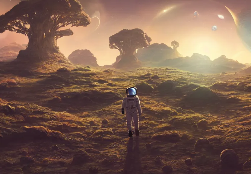 Prompt: a astronaut walking on a alien planet with alien plants and animals and a giant galaxy appearing in the sky, digital art, anime style, 8K HDR, octane render, unreal engine 5, path tracing, breathtaking landscape, cinematic lighting, trending on Artstation, high quality, highly detailed, trending on DeviantArt, concept art