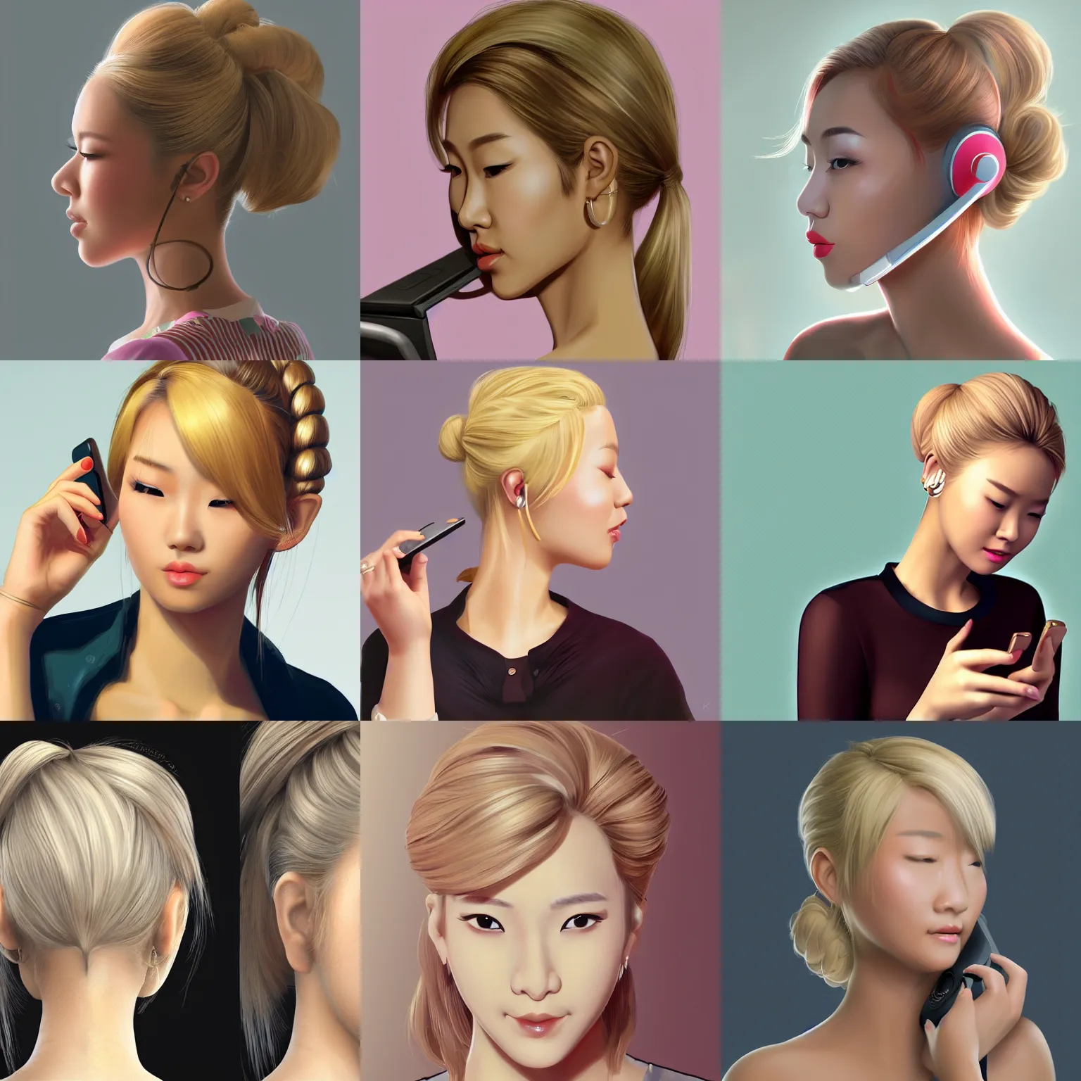Prompt: blonde updo asian beauty on the phone to the computer, overhead view, artstation