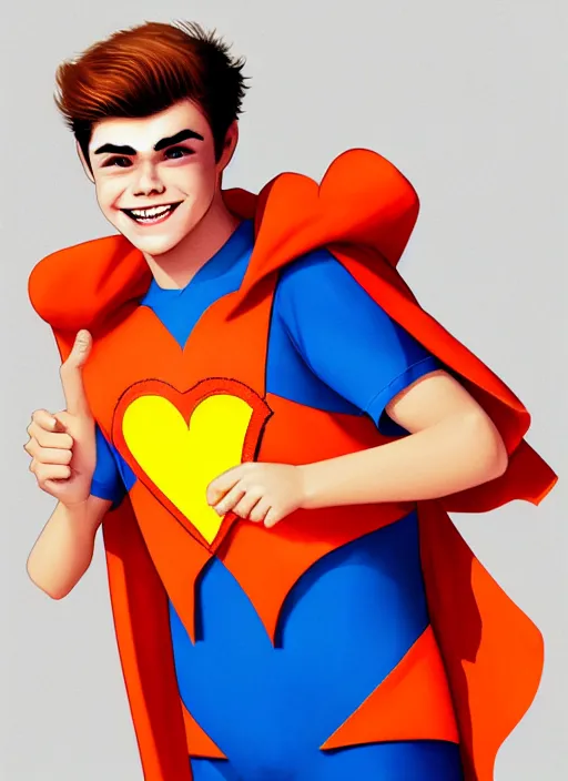 Prompt: friendly teenage archie andrews wearing an orange superhero costume with heart logo, heart, orange costume, blue cape, freckles, cape, heart emblem on chest, heart, blue cape, intricate, elegant, glowing lights, highly detailed, digital painting, artstation, sharp focus, illustration, art by wlop, mars ravelo and greg rutkowski