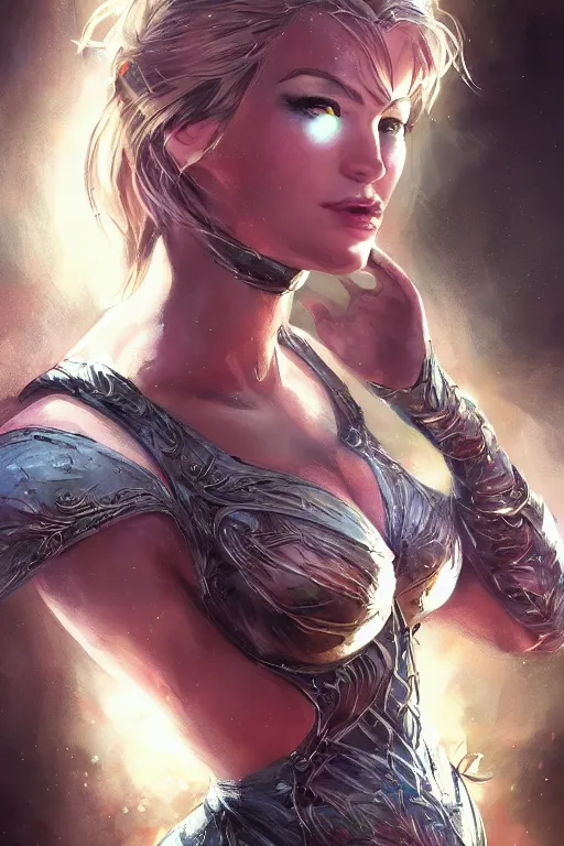 Image similar to three quarters portrait pose of a beautiful woman, strong body,super heroine costume,super powers, fantasy, intricate, elegant, highly detailed, digital painting, artstation, concept art,shining, sharp focus, illustration, art by Stanley Lau