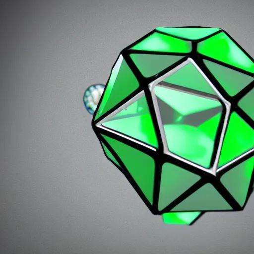 Prompt: a floating green octahedron made of thick glass, green particles floating around it, center of screen, white bg, unreal engine, concept art