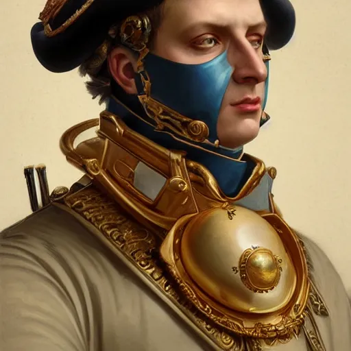 Image similar to portrait of divine emperor napoleon bonaparte, handsome, tall, dieselpunk steampunk napoleonic french baroque, metal shoulder pauldrons, intricate, highly detailed, digital painting, artstation, concept art, sharp focus, cinematic lighting, illustration, art by artgerm and greg rutkowski, alphonse mucha, cgsociety