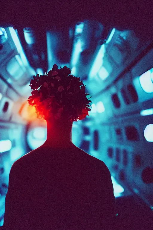 Prompt: agfa vista 4 0 0 photograph of a skinny guy on a spaceship, futuristic, synth vibe, flower crown, back view, moody lighting, moody vibe, telephoto, 9 0 s vibe, blurry background, tranquil, calm, faded!,