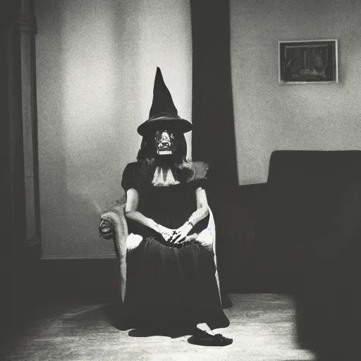 Prompt: creepy witch sitting in dark living room, horror movie still, realistic, found footage, atmospheric, evil, nightmare, film grain