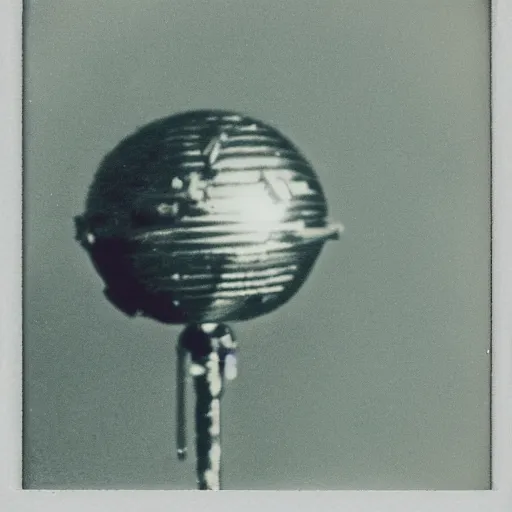 Image similar to old polaroid depicting a small intricate metallic alien probe, hovering at a clearing