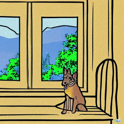 Prompt: a german shepherd puppy sits on the sofa near a bay window in a small cozy kitchen. in front of the sofa is a kitchen table made out of wood. lots of art hang on the kitchen walls. the puppy waits patiently and is looking out the window. outside it's warm and sunny. digital art in the style of bill watterson.