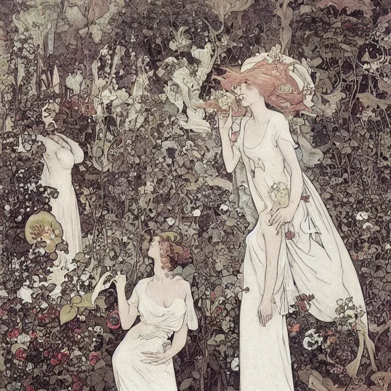 Prompt: A woman stands back in a white dress, blonde with red lips, she is wrapped in ivy and flowers, next to her is a robot man Anton Pieck,Jean Delville, Amano,Yves Tanguy, Alphonse Mucha, Ernst Haeckel, Edward Robert Hughes,Stanisław Szukalski and Roger Dean