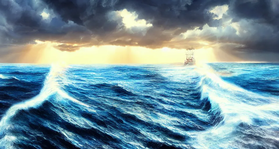 Prompt: ship at sea, big waves, blue skies, voluminous clouds, dramatic lighting, sunshine rays, deep colors, masterpiece, amazing, beautiful, light bloom, photo - realistic, hyperdetailed, hyperrealistic, photography, 8 k resolution, behance hd, trending in artstation