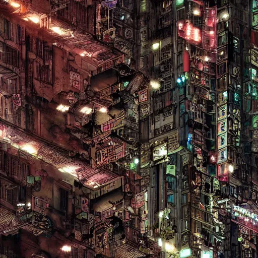 Image similar to Kowloon Walled City cyberpunk, mediumdetailed, night