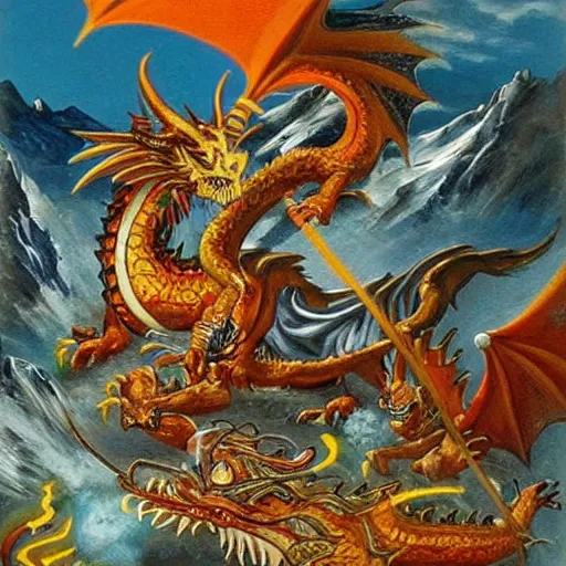 Prompt: dragon attack on the gods, ancient painting, epic, medieval, gods, dragons, colorful-n 9