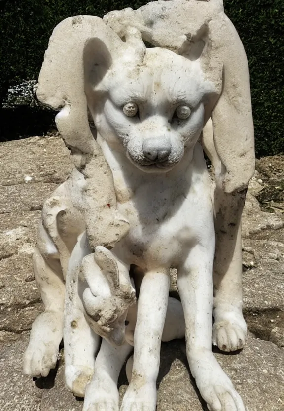 Image similar to ancient greek shrine to a shiba inu god, marble dog statues, ancient ruins