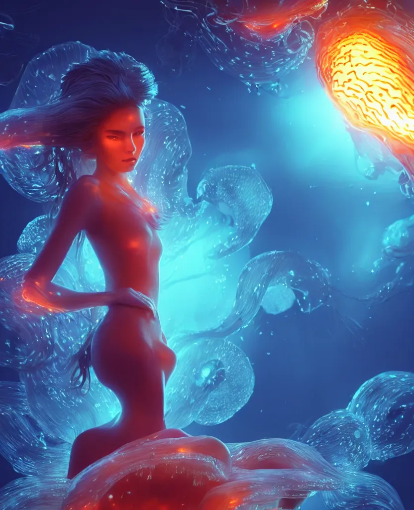 Image similar to close-up portrait of a beautiful girl floating in ethereum surrounded by floating jellyfish, energy flows of fire and water, flashes of plasma, 3d with depth of field, blurred background, a highly detailed epic cinematic concept art CG render. made in Maya, Blender and Photoshop, octane render, excellent composition, cinematic dystopian brutalist atmosphere, dynamic dramatic cinematic lighting, aesthetic, very inspirational, arthouse. y Greg Rutkowski, Ilya Kuvshinov, WLOP, Stanley Artgerm Lau, Ruan Jia and Fenghua Zhong