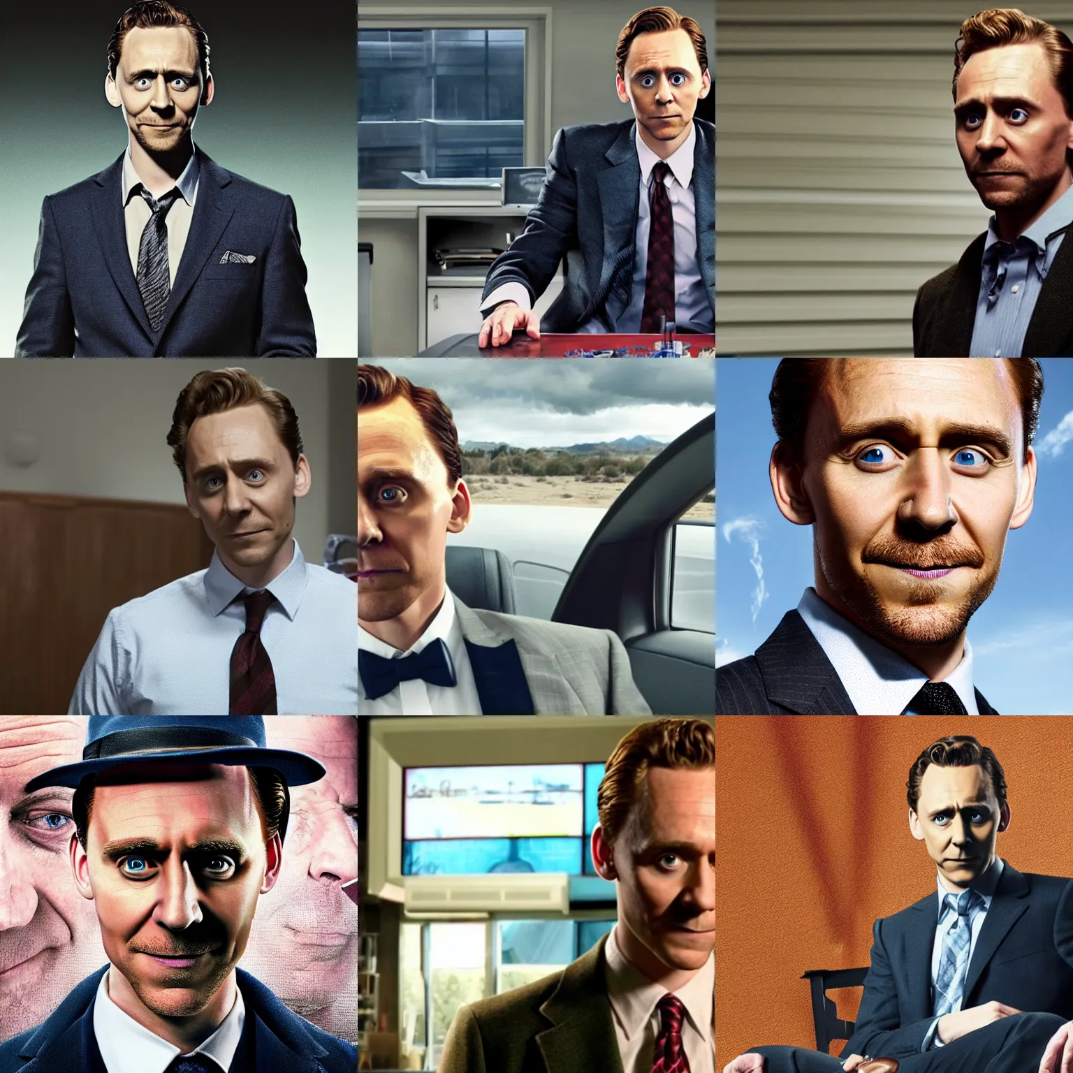 Prompt: tom hiddleston as saul goodman from breaking bad, ultra realistic, high detail, tv recording, 8 k