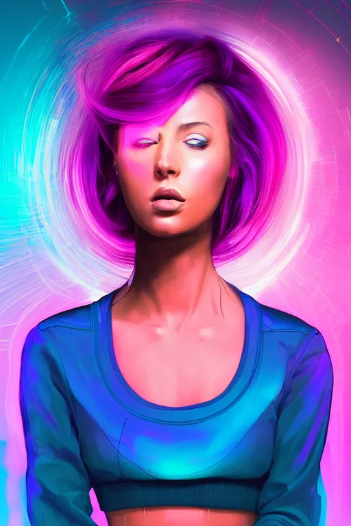 Image similar to a award winning half body portrait of a beautiful woman in a croptop and cargo pants with ombre purple pink teal hairstyle and hands in pockets by ari liloan, surrounded by whirling illuminated lines, outrun, vaporware, shaded flat illustration, digital art, trending on artstation, highly detailed, fine detail, intricate