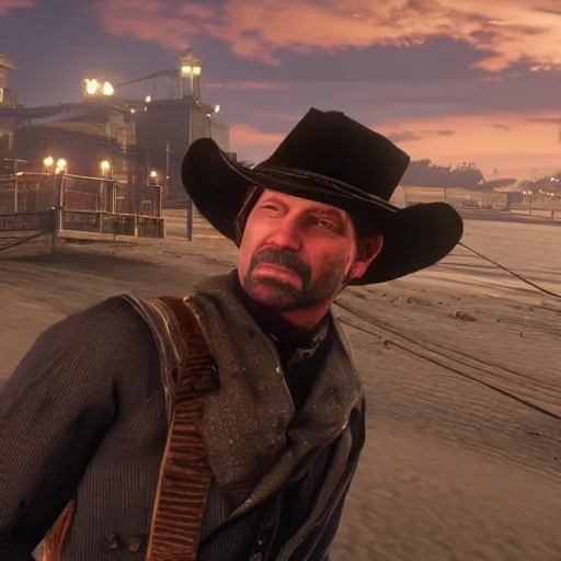 Image similar to arther morgan from red dead redemption 2 in los angeles pier