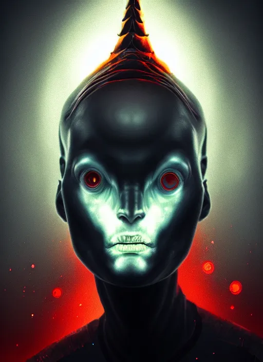 Image similar to portrait of realistic alien with horns. red eyes, human eyes, background flames, sci - fi, tech wear, volumetric lighting, intricate, elegant, highly detailed, digital painting, artstation, concept art, illustration, bokeh, in the style of lee jeffries