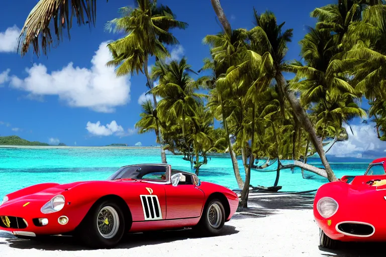 Image similar to cinematography of Ferrari 250 GTO series 2 in bora bora by Emmanuel Lubezki