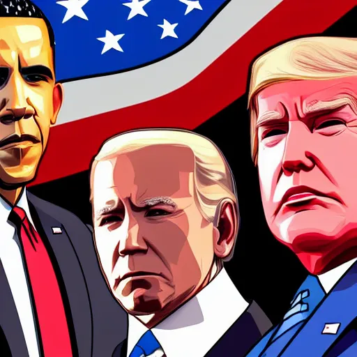 Prompt: GTA Cover Art, Obama, Biden, Trump, USA Presidents, Patriotic, God Bless America