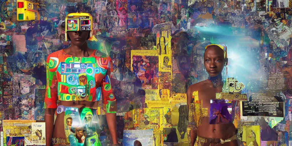 Image similar to ROBOT of AJEGUNLE SLUMS of Lagos inside African JESUS CHRIST about AESTHETICS surrounding large UFO within NEON rays of light, magazine collage,