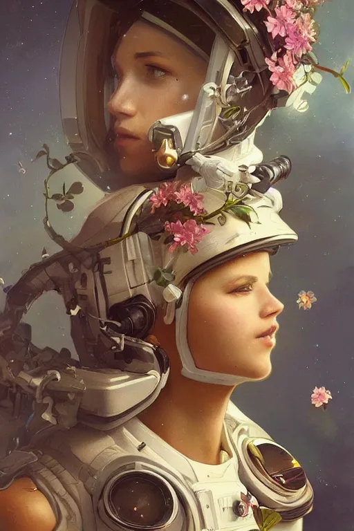 Image similar to ultra realistic illustration, astronaut with flowers blossoming from helmet, elegant, highly detailed, digital painting, concept art, smooth, sharp focus, illustration, art by artgerm and greg rutkowski and alphonse mucha