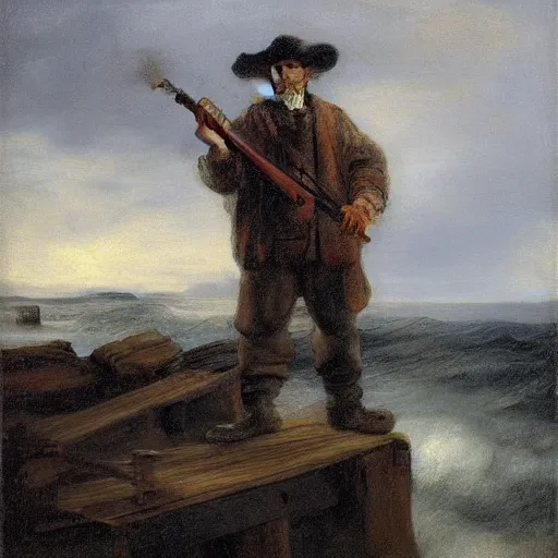 Prompt: old fisherman holding a machine gun standing on a broken wooden dock in halifax, tumultuous sea, moody sky as painted by rembrandt