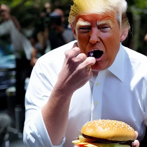 Image similar to donald trump eating a cheeseburger, paparazzi photo