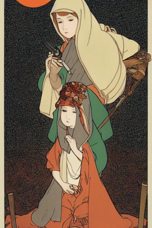 Image similar to a Girl in a large hood sitting on the ground and there have orange slices and album and Microphone around her,Visual Communication Design by studio ghibli and mucha ,Refreshing colour