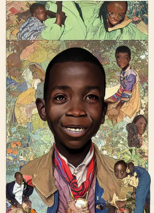 Image similar to colourful upper half portrait of an african boy with proportions in the style of jack davis - presented in magazine collage style, art by hsiao - ron cheng & alphonse mucha, magazine collage, highly detailed, caricature, caricature, digital painting, concept art, ray tracing, illustration, illustration, smooth, sharp focus, intricate, symmetry, pinterest, behance, artstation