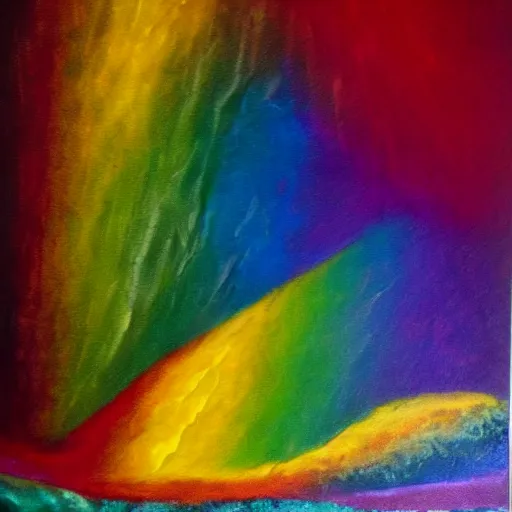 Prompt: rainbow colored crystal cave, oil on canvas,