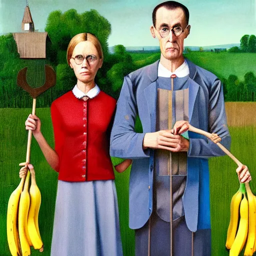 Image similar to american gothic with bananas for tines