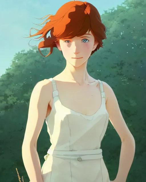 Image similar to young southern woman, freckle, ginger hair, sad cerulean eyes, simple cream dress, detailed perfect face, exquisite details, fire magic, mid view, design on a white background, by studio muti, greg rutkowski makoto shinkai takashi takeuchi studio ghibli