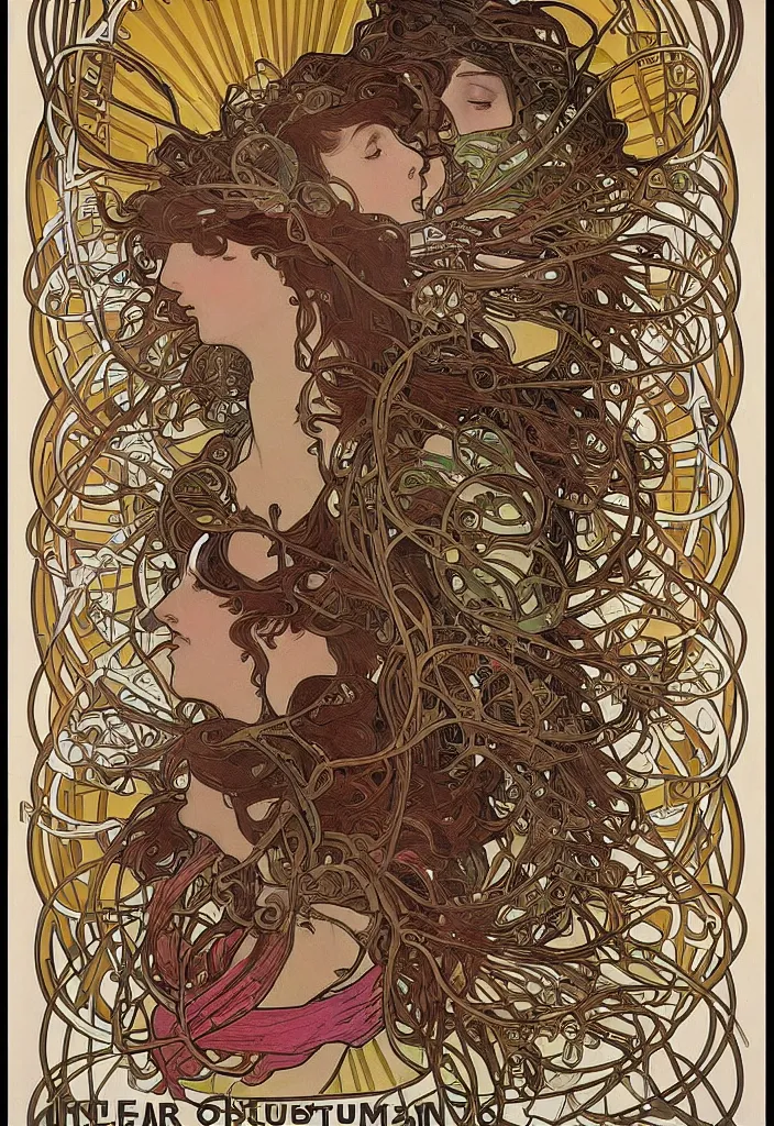 Prompt: intricate poster art by alphonse mucha and emek, a large robot head in the middle with hundreds of wires plugged into it's face, digital art, poster frame, concert poster