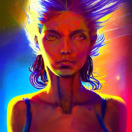 Prompt: colorful character portrait of a woman in a dark desert lit by the stars, wispy flowing hair, highly detailed face, very intricate, symmetrical, cinematic lighting, award - winning epic painting, painted by mandy jurgens, pan futurism, dystopian, bold colors, dark vibes, cyberpunk, groovy vibe, anime aesthetic, featured on artstation
