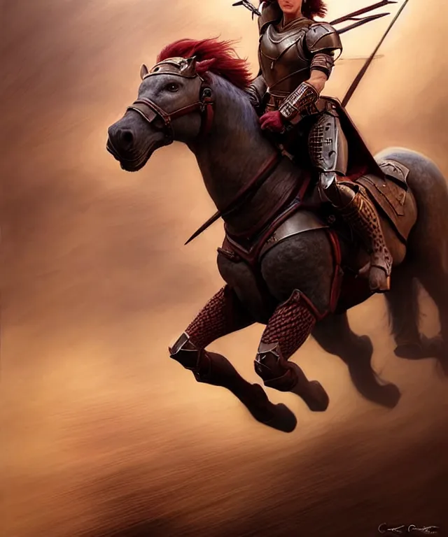 Image similar to hyperrealistic mixed media painting of a beautiful young female ranger, stunning 3d render inspired art by P. Craig Russell and Barry Windsor-Smith + perfect facial symmetry + dim volumetric lighting, dark red hair, pale skin, crimson leather armor, riding an armored warhorse, dizzy, full body, confident heroic pose, d&d, 8k octane beautifully detailed render, post-processing, extremely hyperdetailed, intricate, epic composition, grim yet sparkling atmosphere, cinematic lighting + masterpiece, trending on artstation, very very detailed, masterpiece, stunning