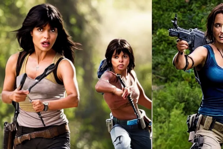 Image similar to Dora the Explorer (played by Isabela Merced) vs Lara Croft (played by Angelina Jolie), film by James Bobin and Simon West