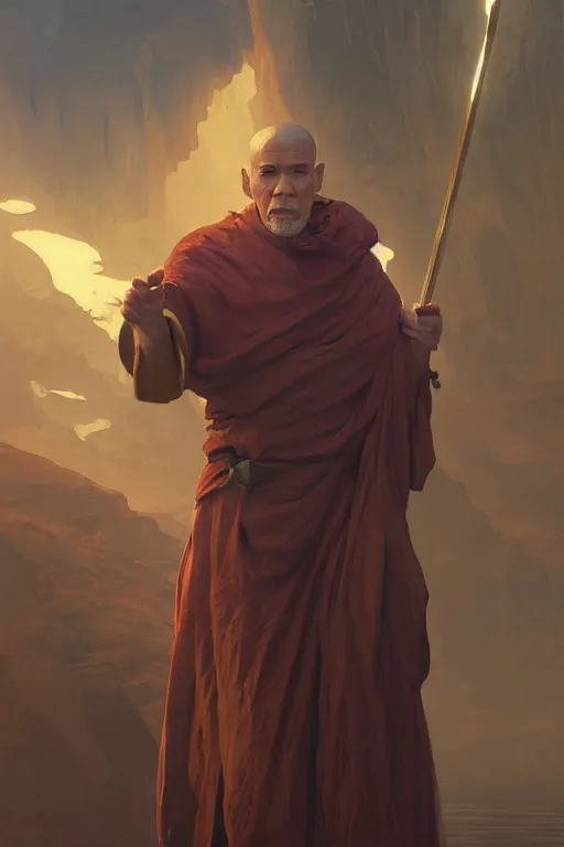 Image similar to an old male warrior monk with a VR headset, golden light, deep dark purple waters, highly detailed, digital painting, artstation, concept art, smooth, sharp focus, illustration, art by artgerm and greg rutkowski and alphonse mucha