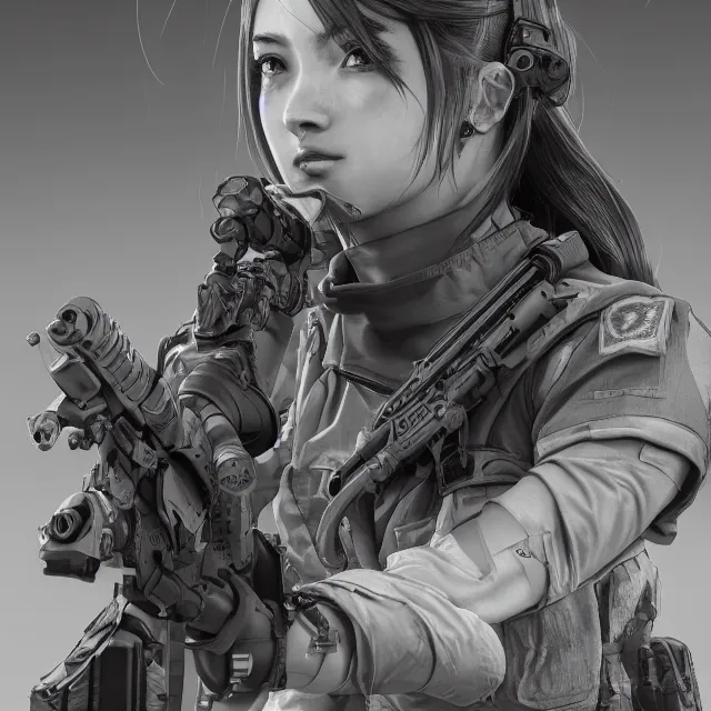 Image similar to the photorealistic portrait of lawful neutral female futuristic marine sniper as absurdly beautiful, gorgeous, elegant, young anime gravure idol, an ultrafine hyperdetailed illustration by kim jung gi, irakli nadar, intricate linework, bright colors, octopath traveler, final fantasy, unreal engine 5 highly rendered, global illumination, radiant light, detailed and intricate environment