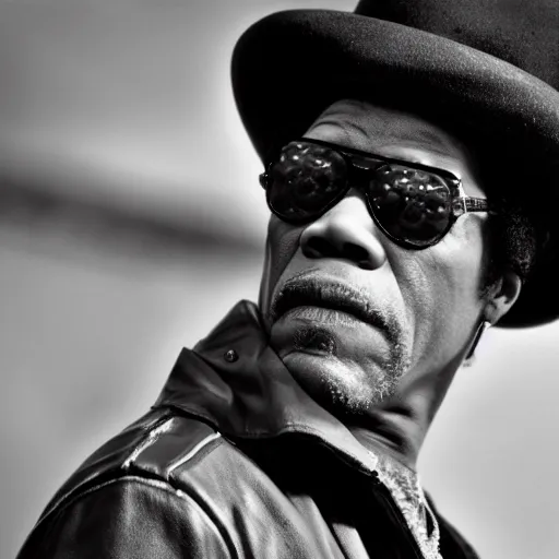 Prompt: a noir film still of Samuel L. Jackson starring as Jimi Hendrix, shallow depth of field, close up, 40mm