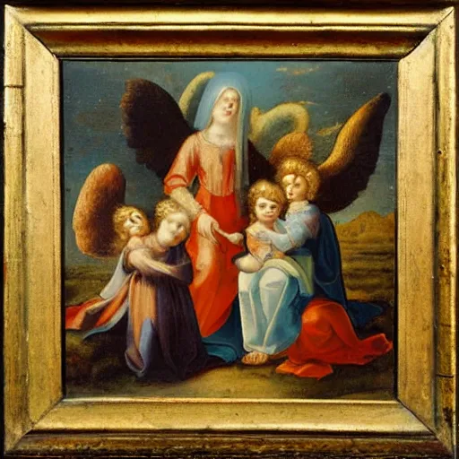 Image similar to 1 7 th century painting of 3 mary's, and 2 angels in the background