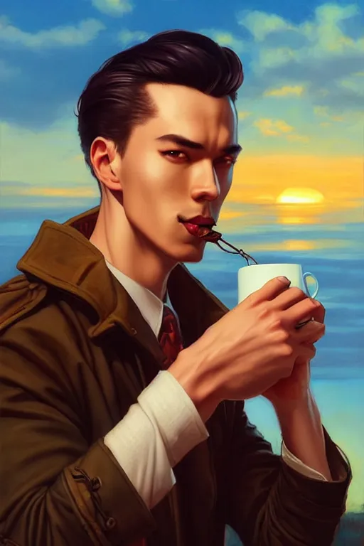 Image similar to attractive man drinking tea, sunset, painting by ross tran, j. c. leyendecker, tom of finland, trending on artstation